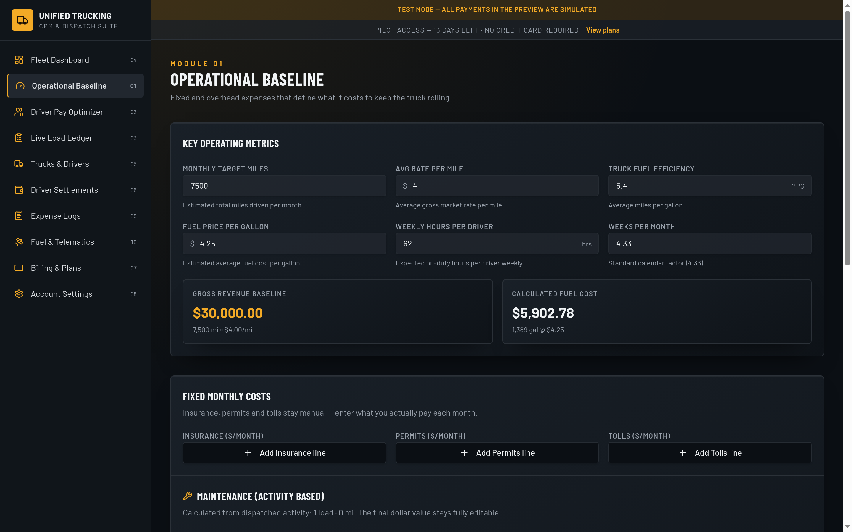 Operational Baseline calculator with fixed overhead, fuel math and break-even cost per mile inputs